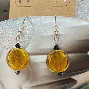2/$22 Elegant Gold Lampwork and Black Dangle Earrings